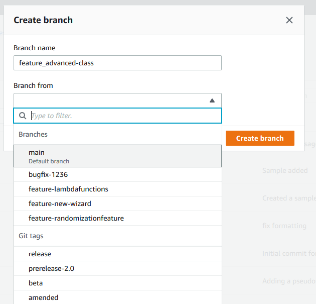 Create a branch in AWS AWS