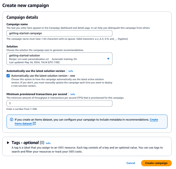 Erste Schritte (Konsole) Amazon Personalize