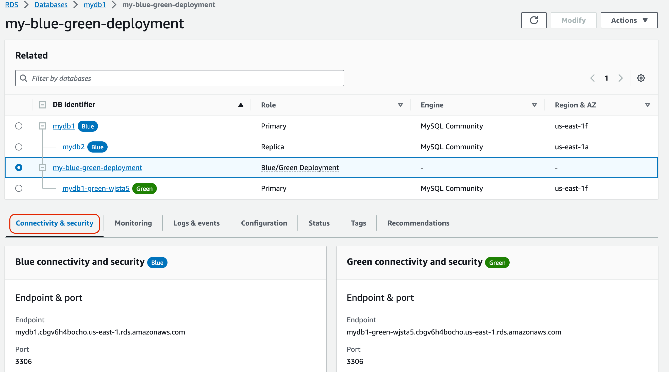 Melihat deployment blue/green Layanan Basis Data Relasional Amazon