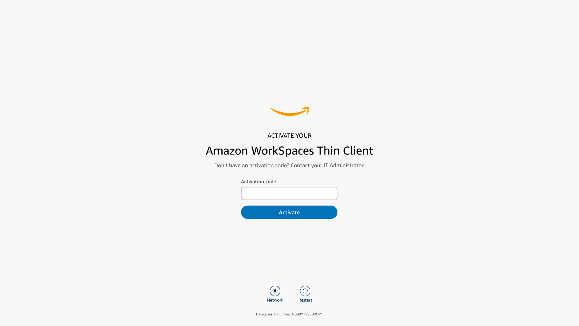Masukkan kode aktivasi Klien WorkSpaces Tipis Amazon