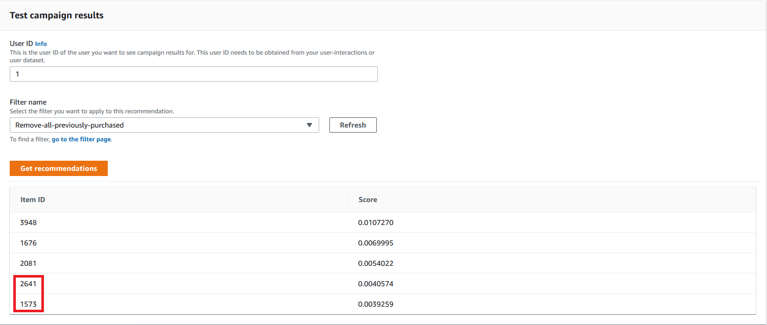 Filtering realtime Amazon Personalize