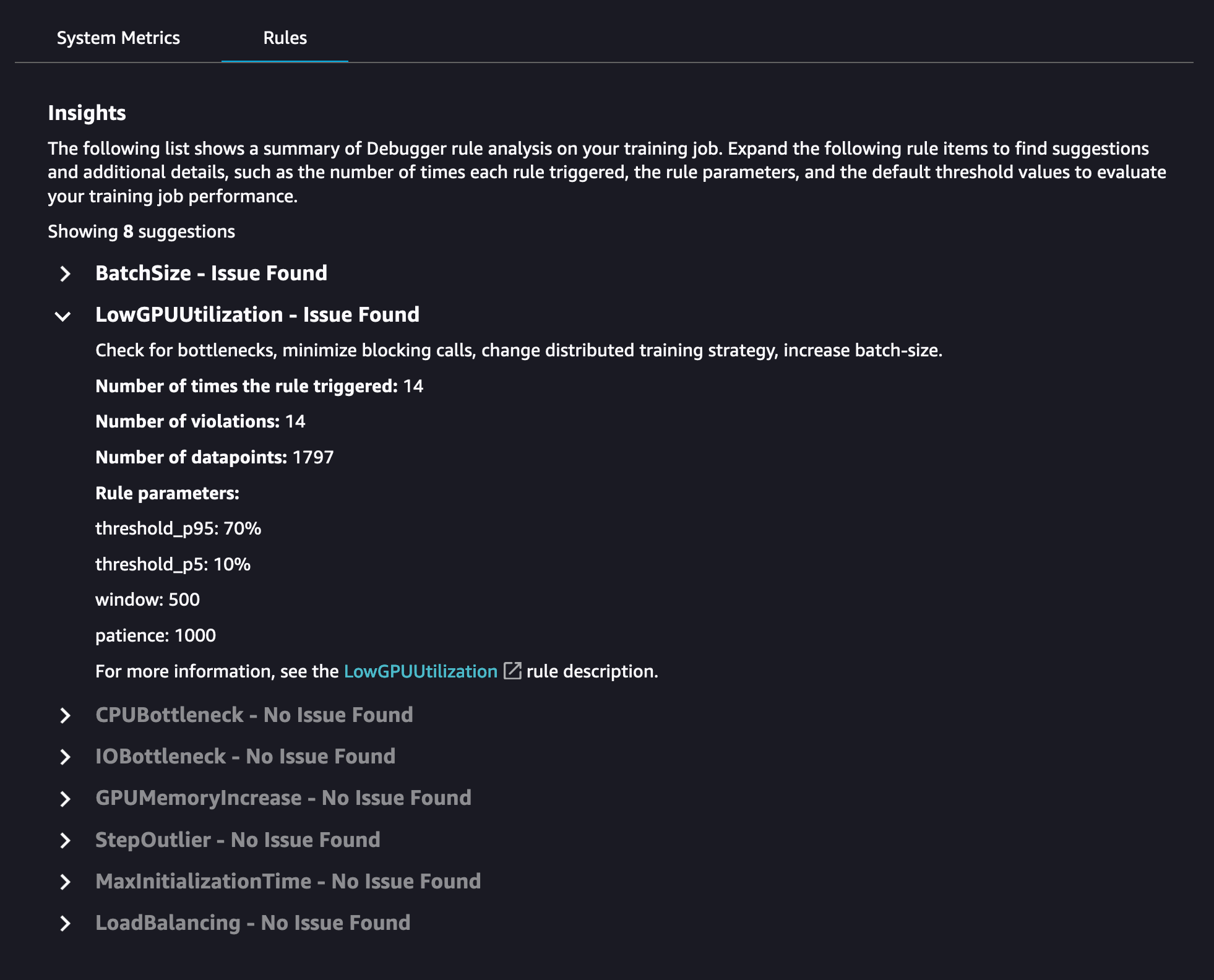 デバッガーインサイトルール アマゾン SageMaker