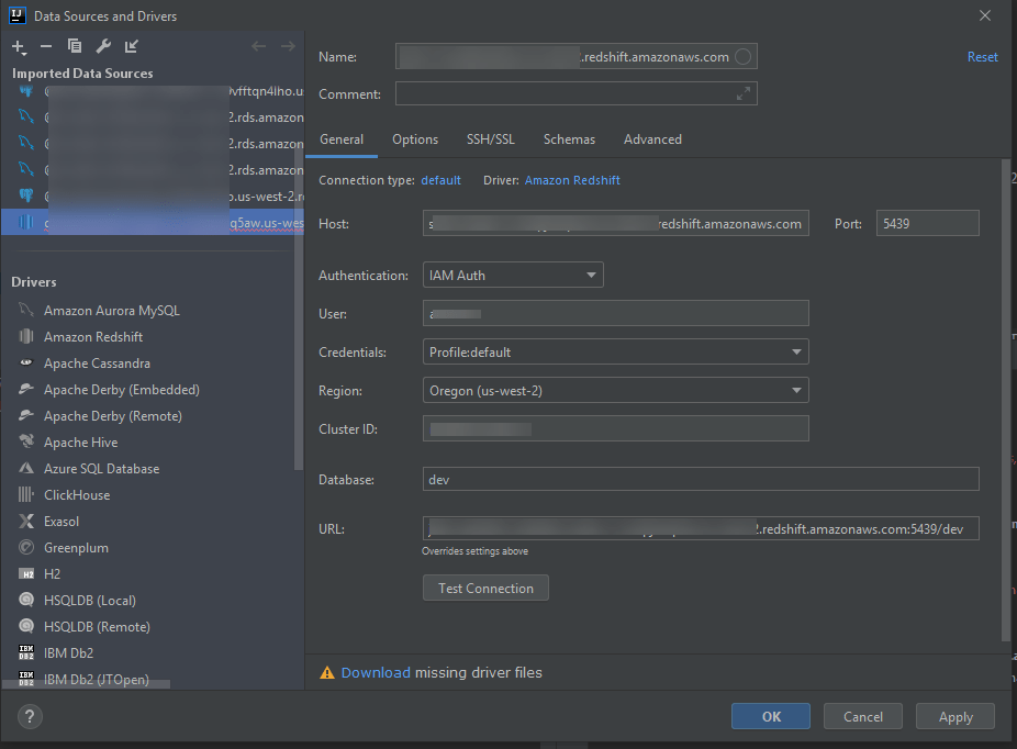 Amazon Redshift 클러스터에 연결 JetBrains용 AWS 도구 키트