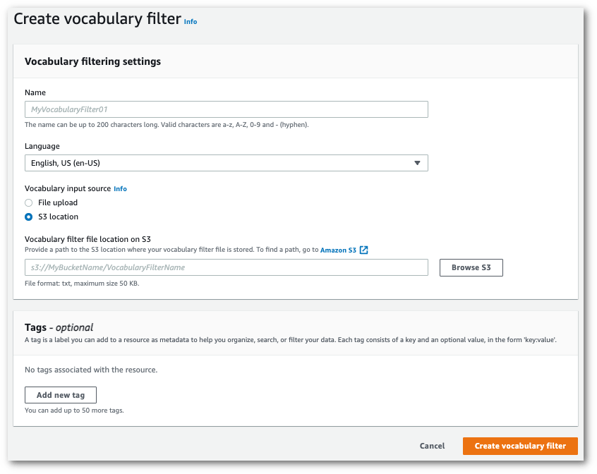Creating a vocabulary filter Amazon Transcribe