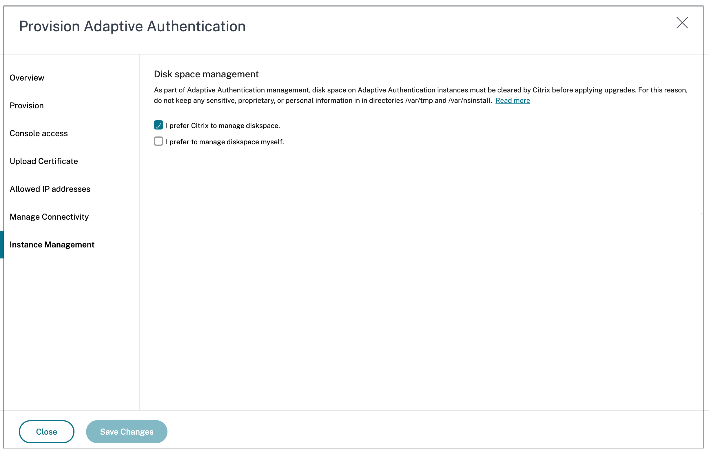 Disk space management for instances Adaptive Authentication service