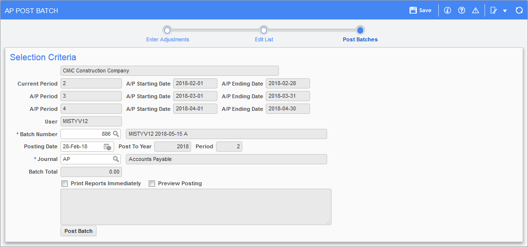 Post Adjustment Batch Screen