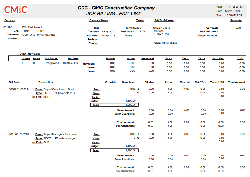 Job Billing Edit List