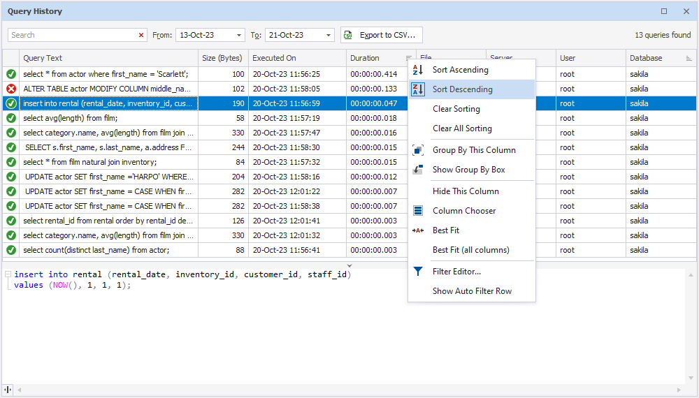 SQL Query History