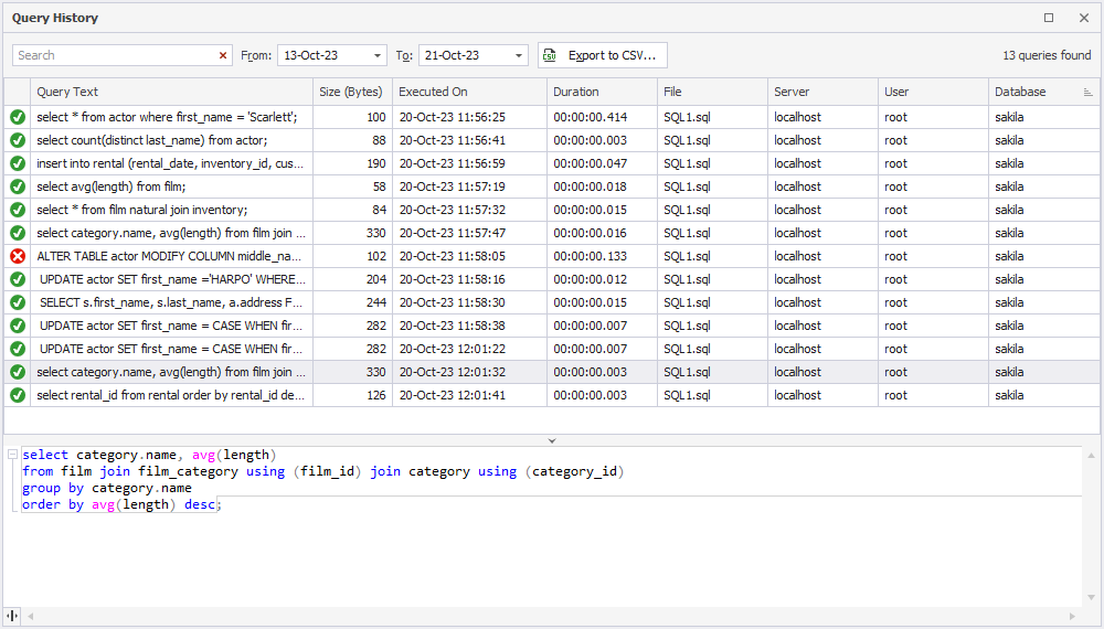 SQL Query History