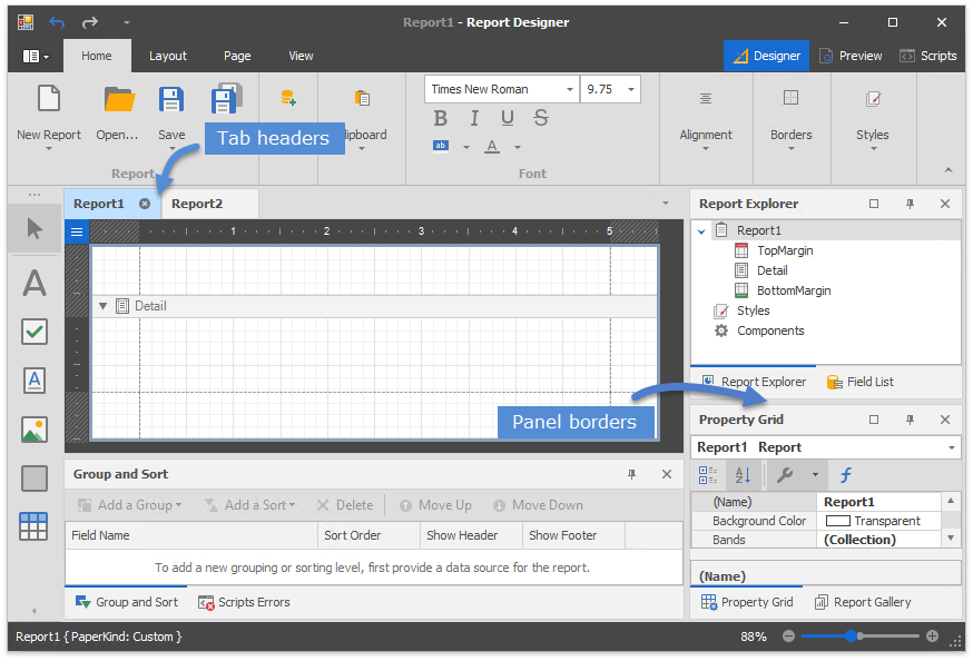 Change the Dock Panel View in the EndUser Report Designer Reporting