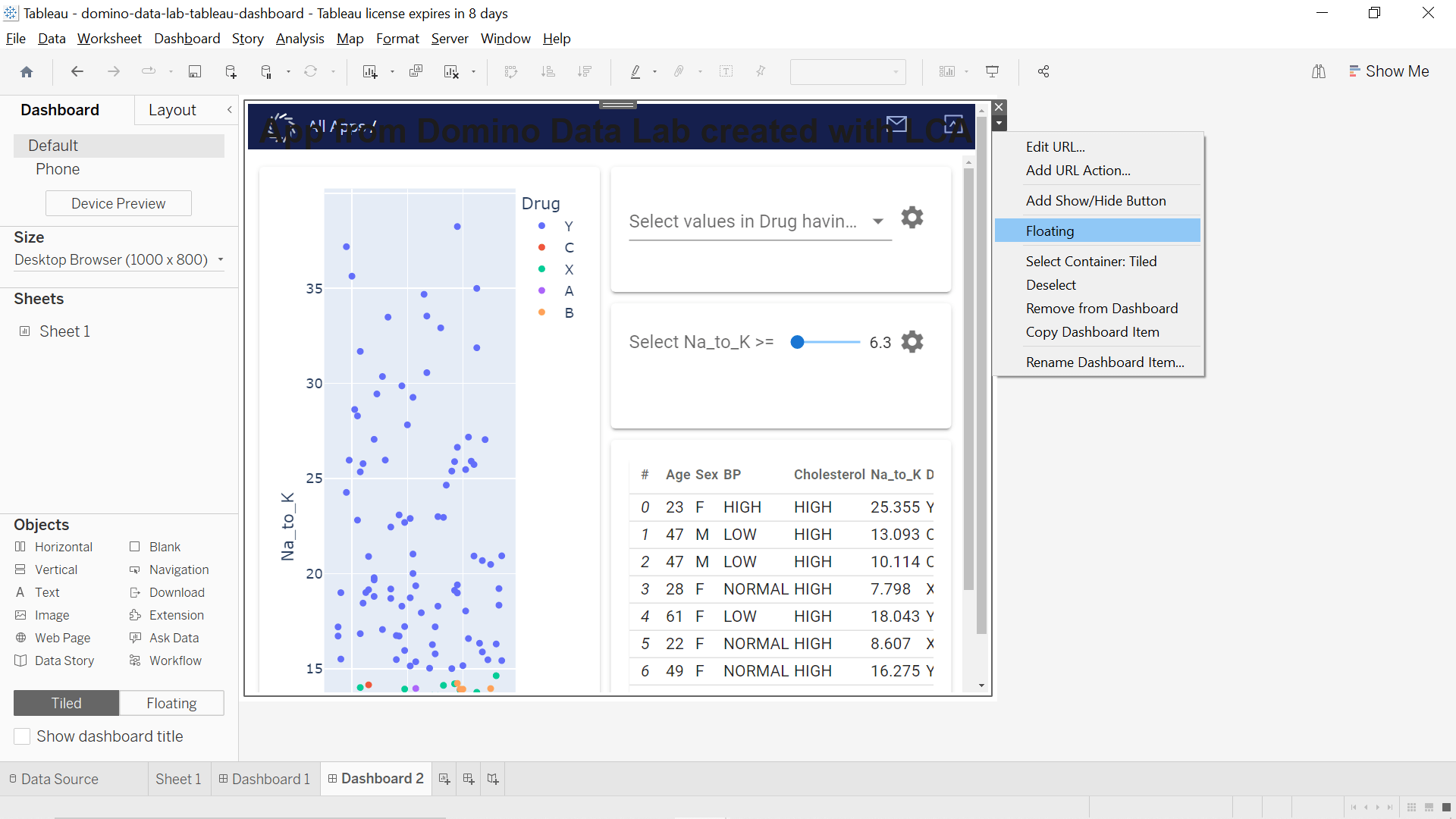 app embed tableau webpage floating