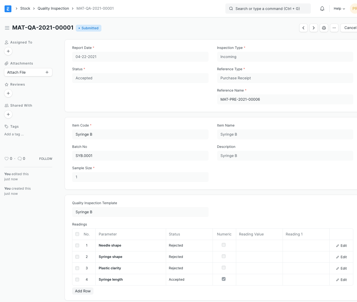 quality inspection ERPNext توثيق