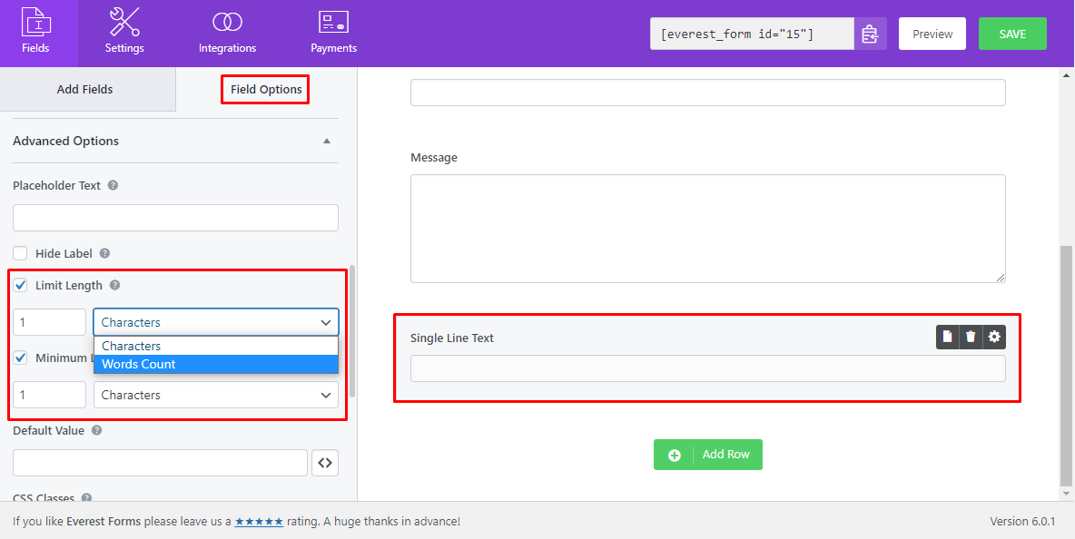 How to limit characters/word count on a singleline text field