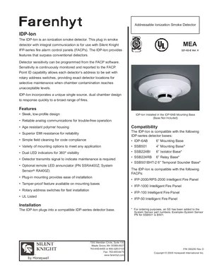 Silent Knight IDP-Ion Smoke Detector Datasheet (2008) | FACP Manuals