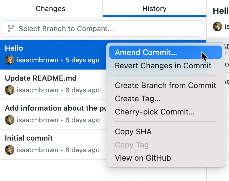 Amending a commit in GitHub Desktop GitHub Docs