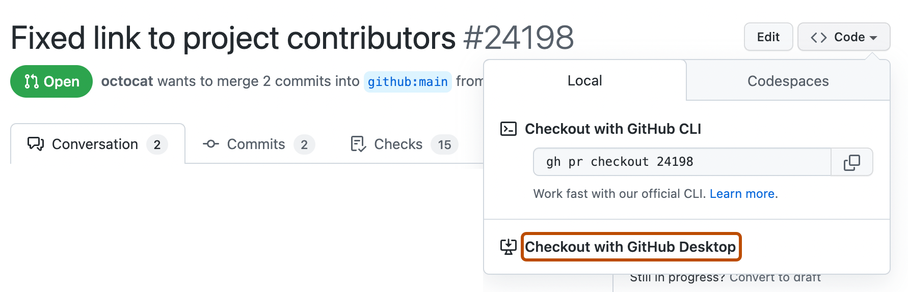 Viewing a pull request in GitHub Desktop GitHub Docs