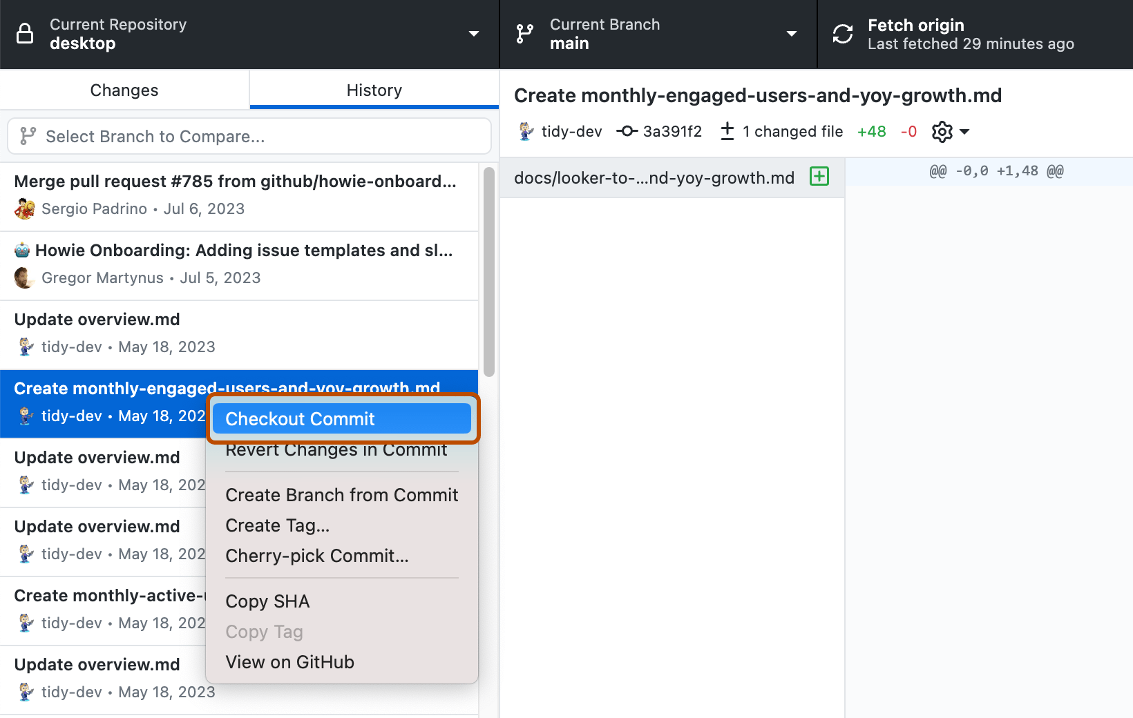 Checking out a commit in GitHub Desktop GitHub Docs