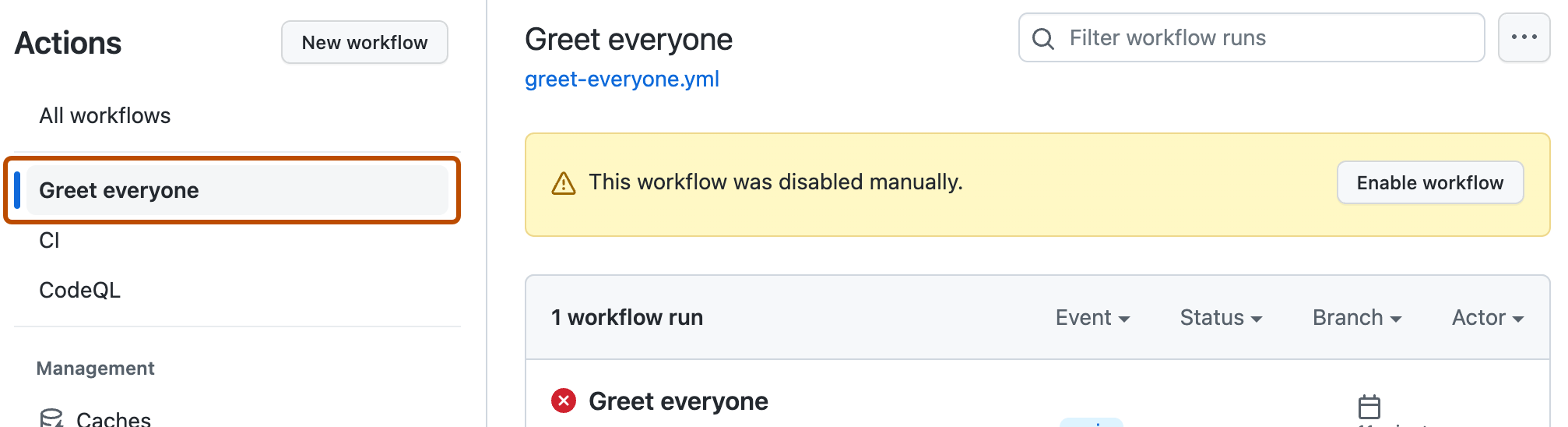Disabling and enabling a workflow GitHub Docs