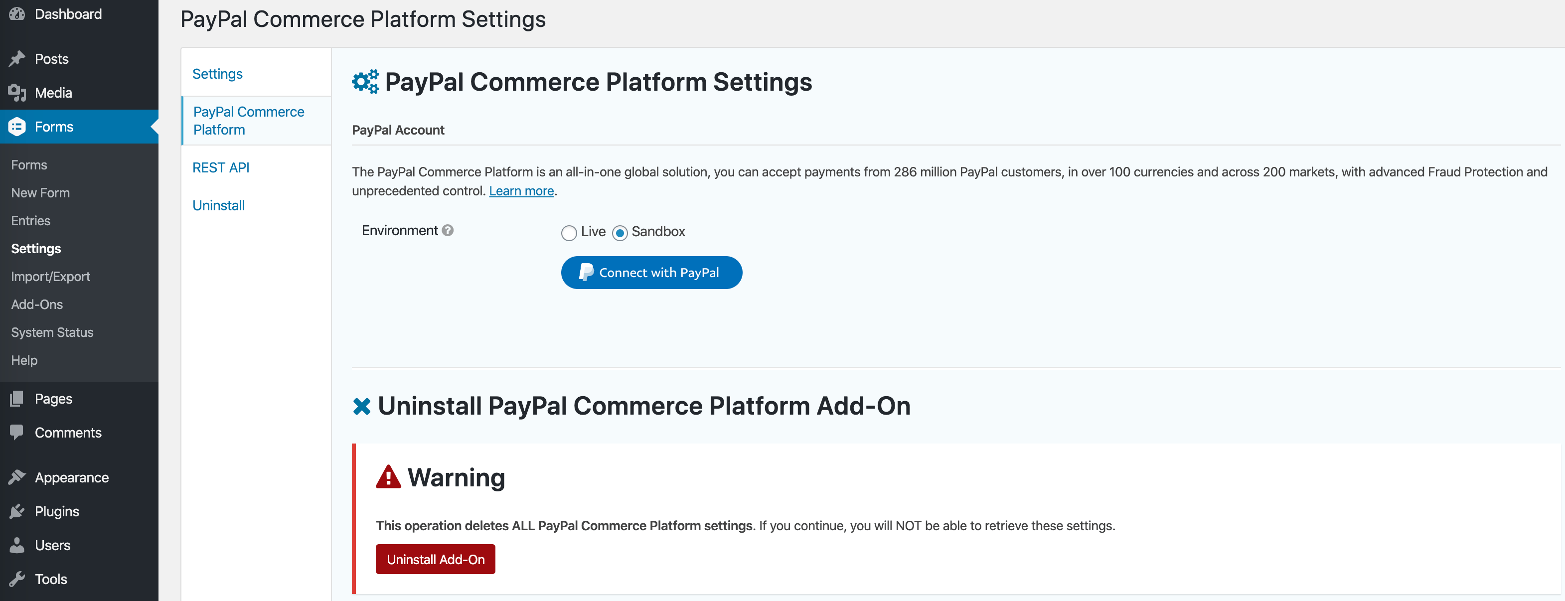 Setting up the PayPal Commerce Platform AddOn Gravity Forms