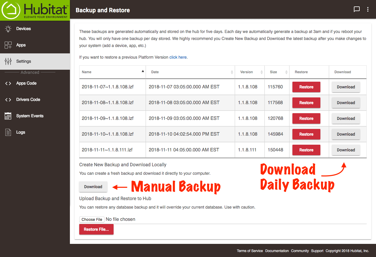 How to backup your hub Hubitat Documentation