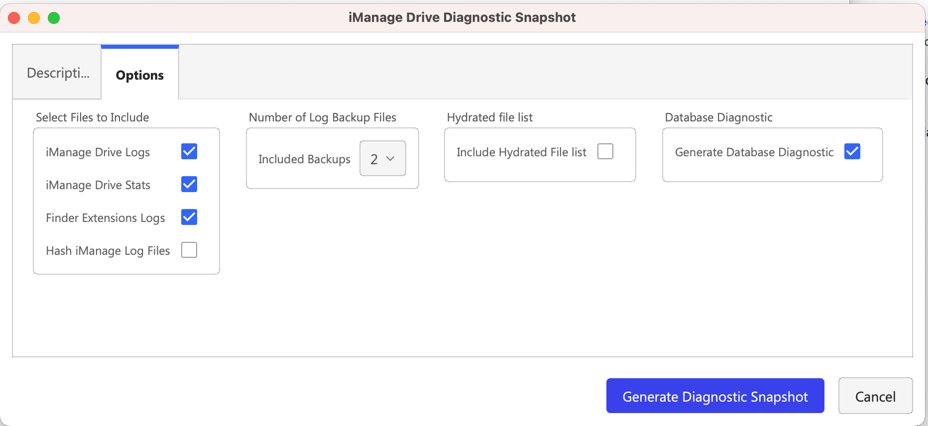 Generating database snapshots using diagnostic tool