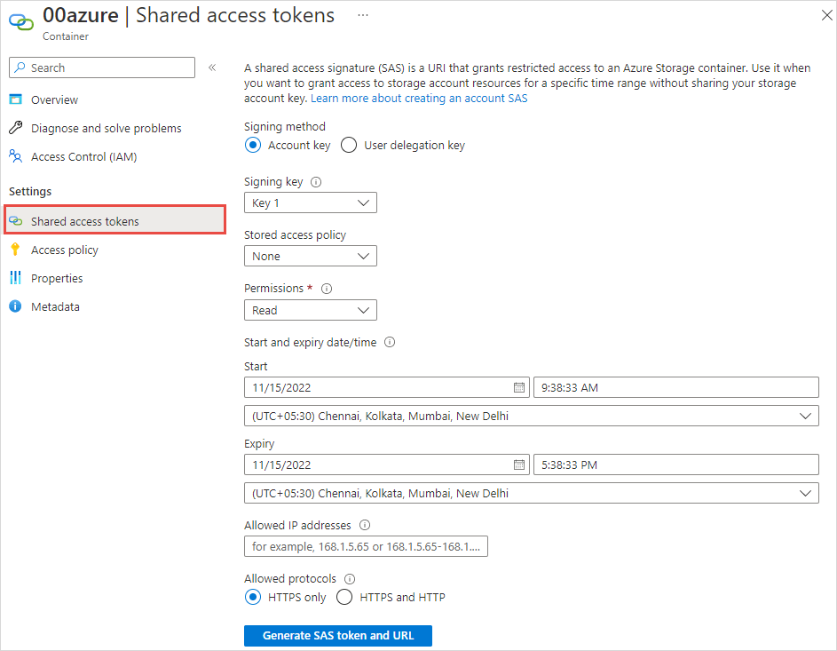 Get SAS token from the Azure Portal