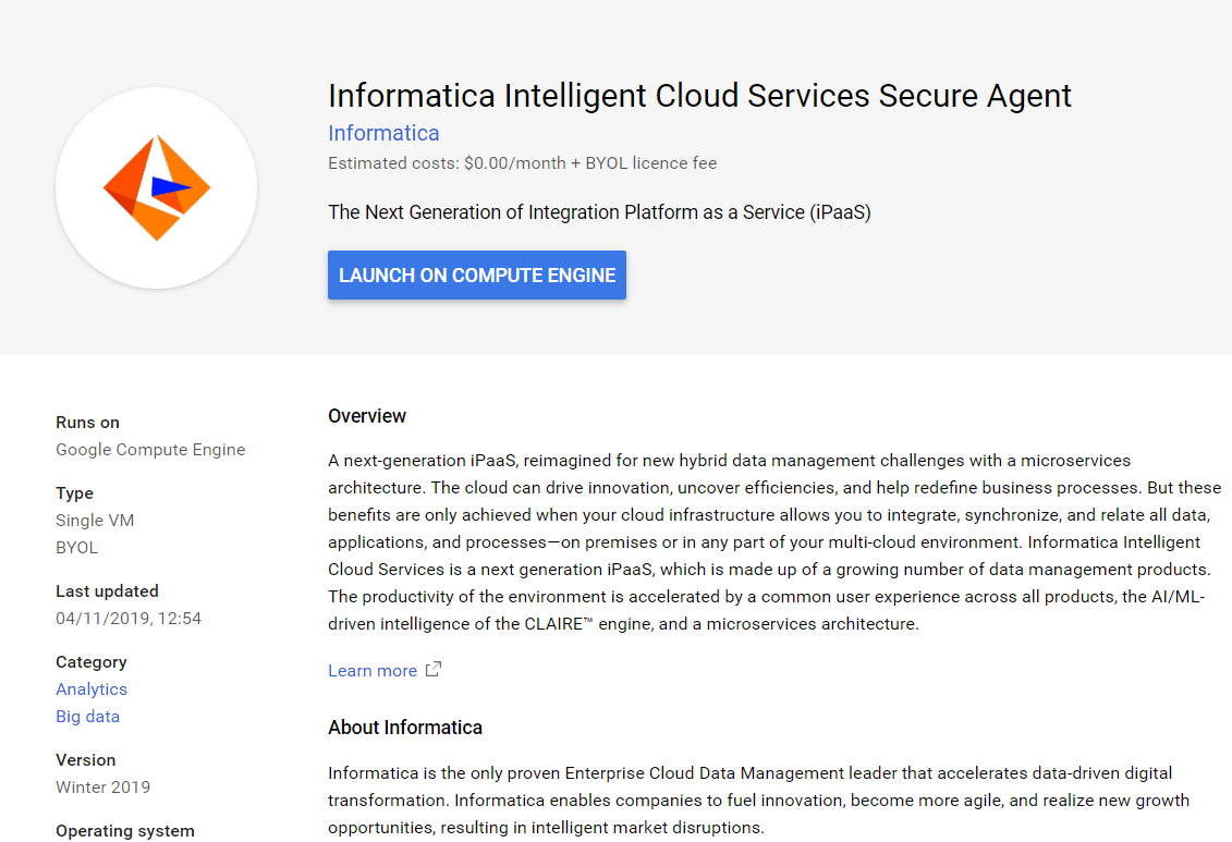 IICS deployment in the GCP Cloud with the GCP Marketplace