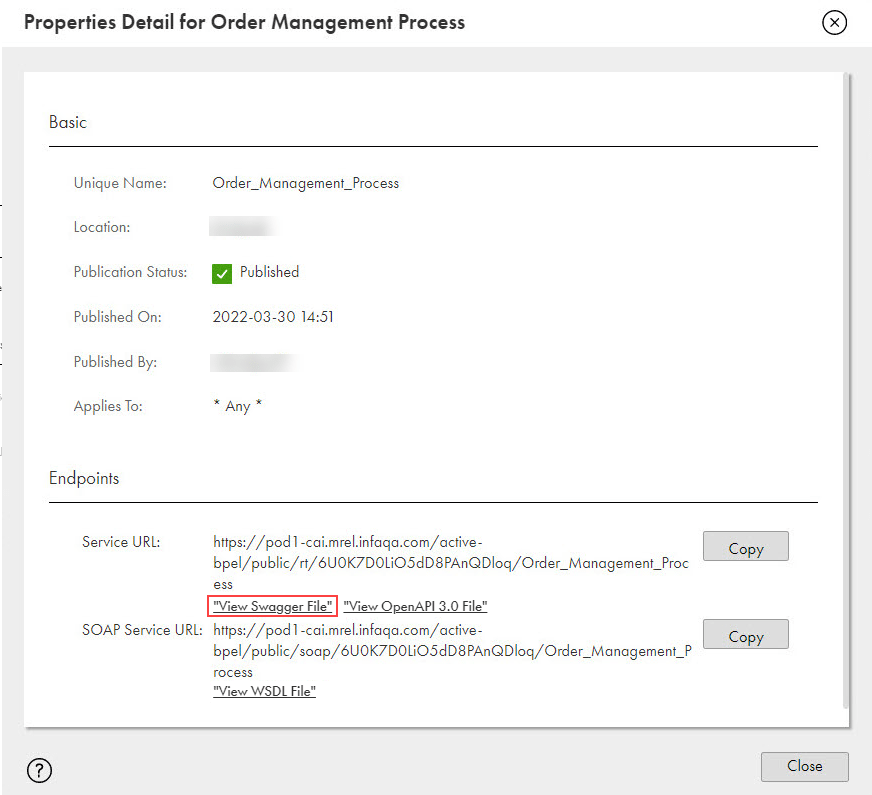 Swagger JSON specification of a process