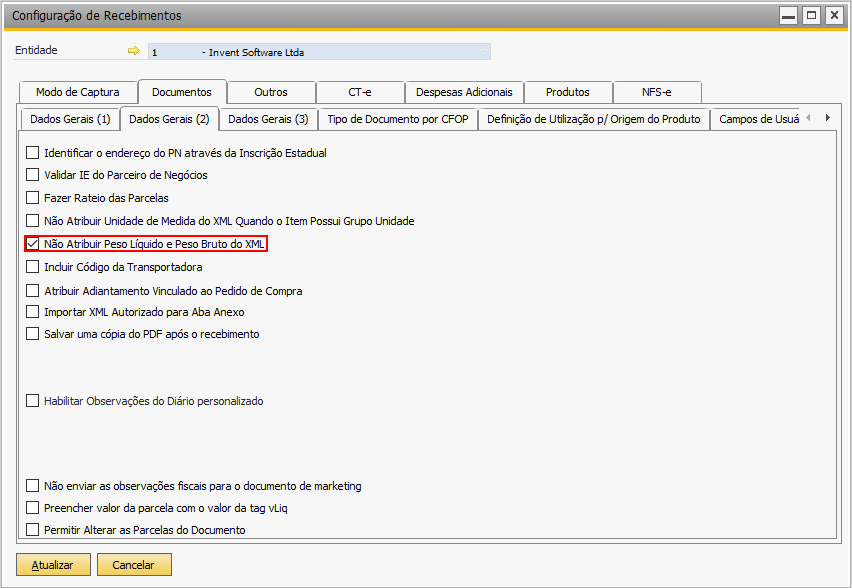 Não Atribuir Peso Líquido e Peso Bruto do XML — TaxOne NFe Importer 0.25.3