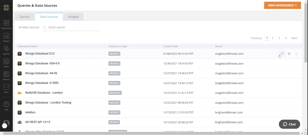 Datasource, Query, & Widget Listing Documentation and Support Knowi