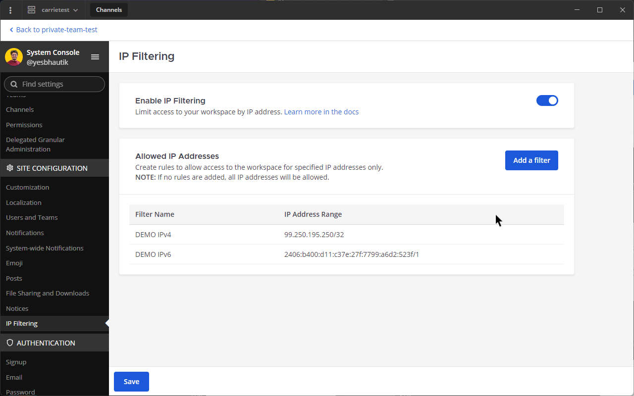 Cloud IP Filtering - Mattermost documentation