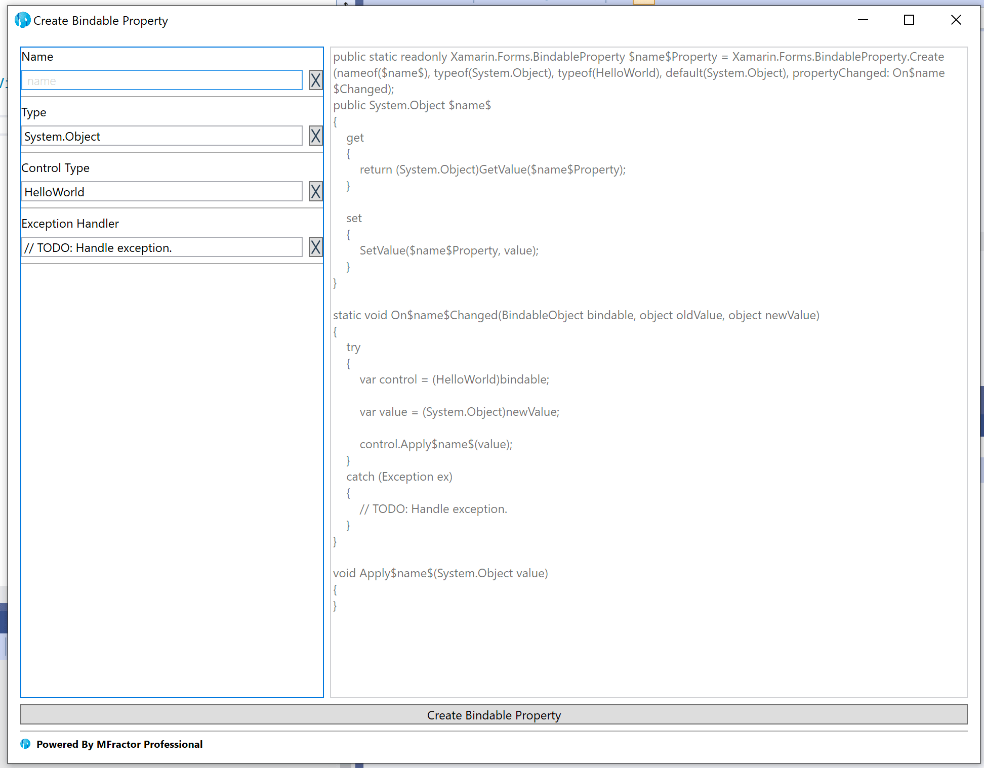 Bindable Property Wizard MFractor Documentation