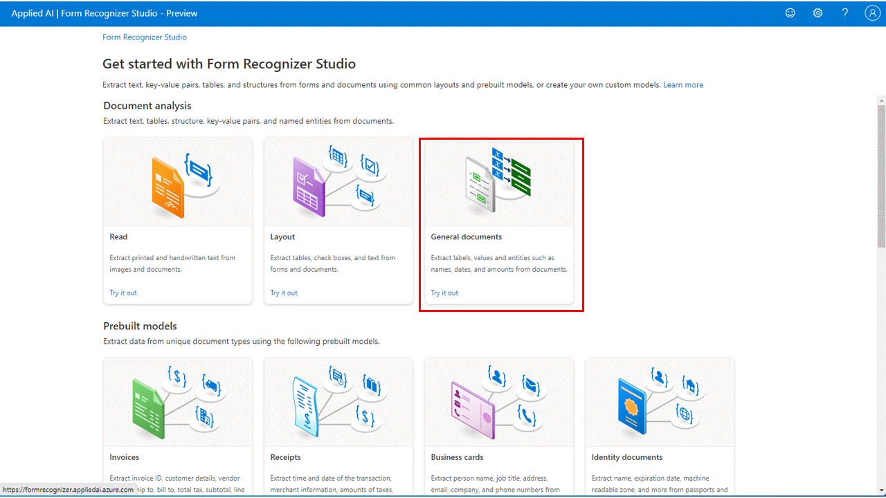 Quickstart Form Recognizer Studio Azure Applied AI Services