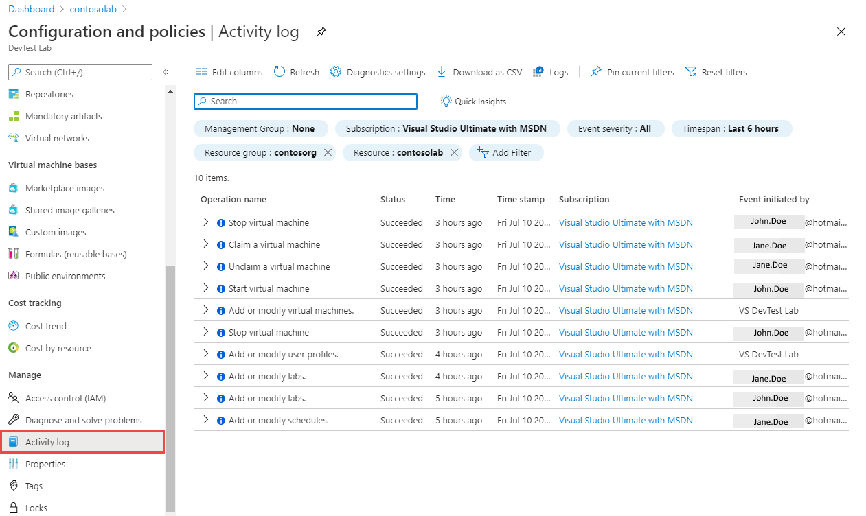 Activity logs in Azure DevTest Labs Azure DevTest Labs Microsoft Docs