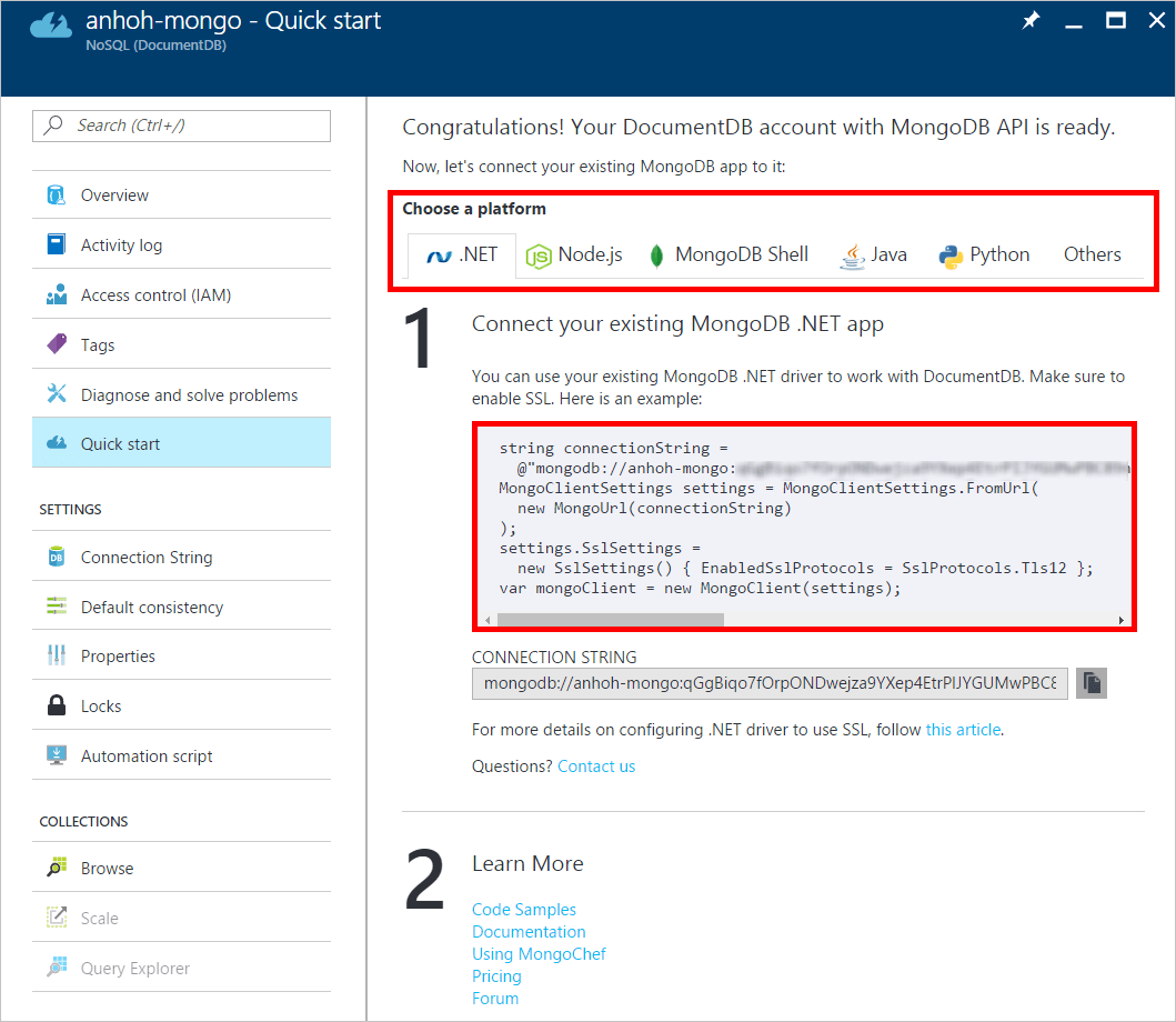 MongoDB connection string for Azure Cosmos DB account Microsoft Docs