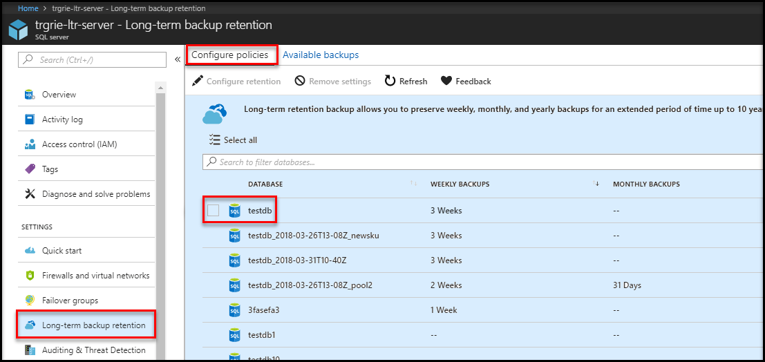 Manage Azure SQL Database longterm backup retention Microsoft Docs
