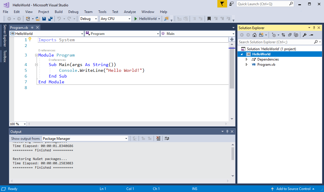 Core Hello World application with Visual Basic in Visual Studio