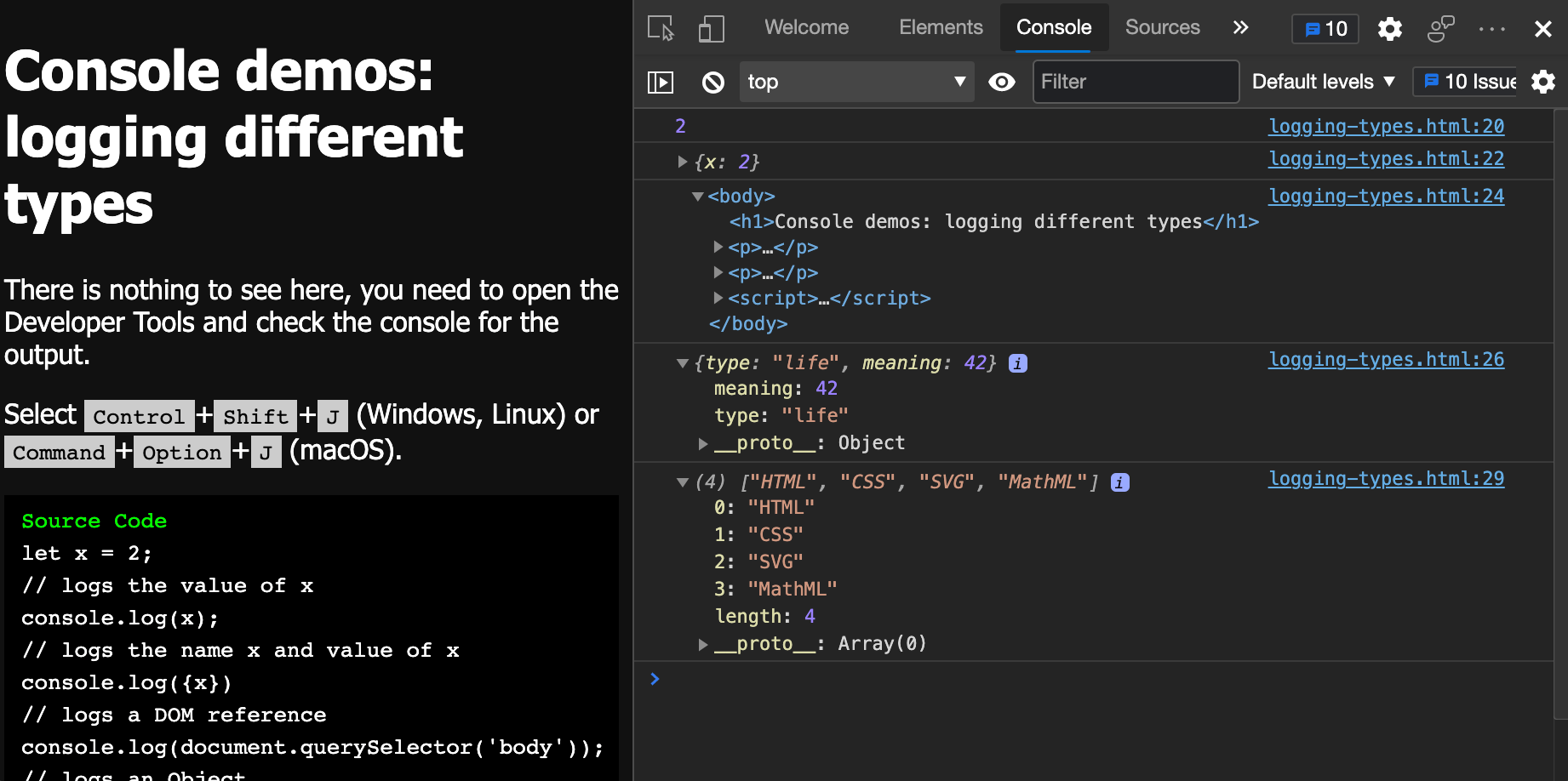 Log messages in the Console tool Microsoft Edge Development