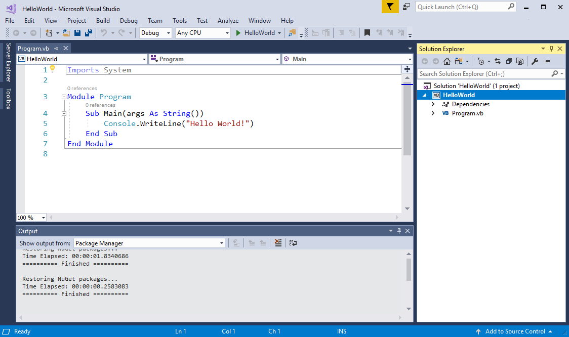 Génération d’une application Hello World avec Core et Visual Basic