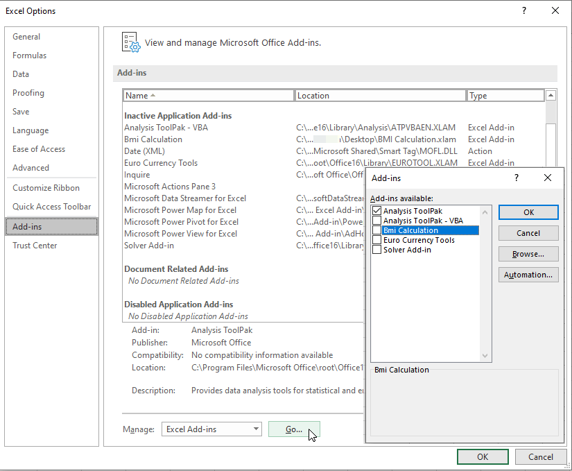Create An Excel AddIn to Calculate Body Mass Index (BMI