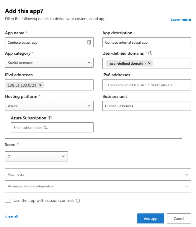 Cloud App Security で Cloud Discovery にカスタム アプリを追加する