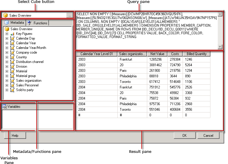 SAP NetWeaver BI Query Designer のユーザー インターフェイス SQL Server Reporting