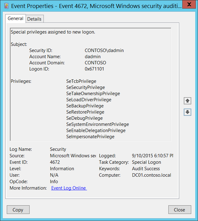 4672(S) 新しいログオンに割り当てられた特別な特権。 (Windows 10) Windows security