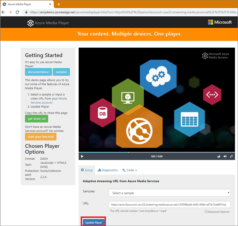 Stream video files with Azure Media Services Node.js Azure Media