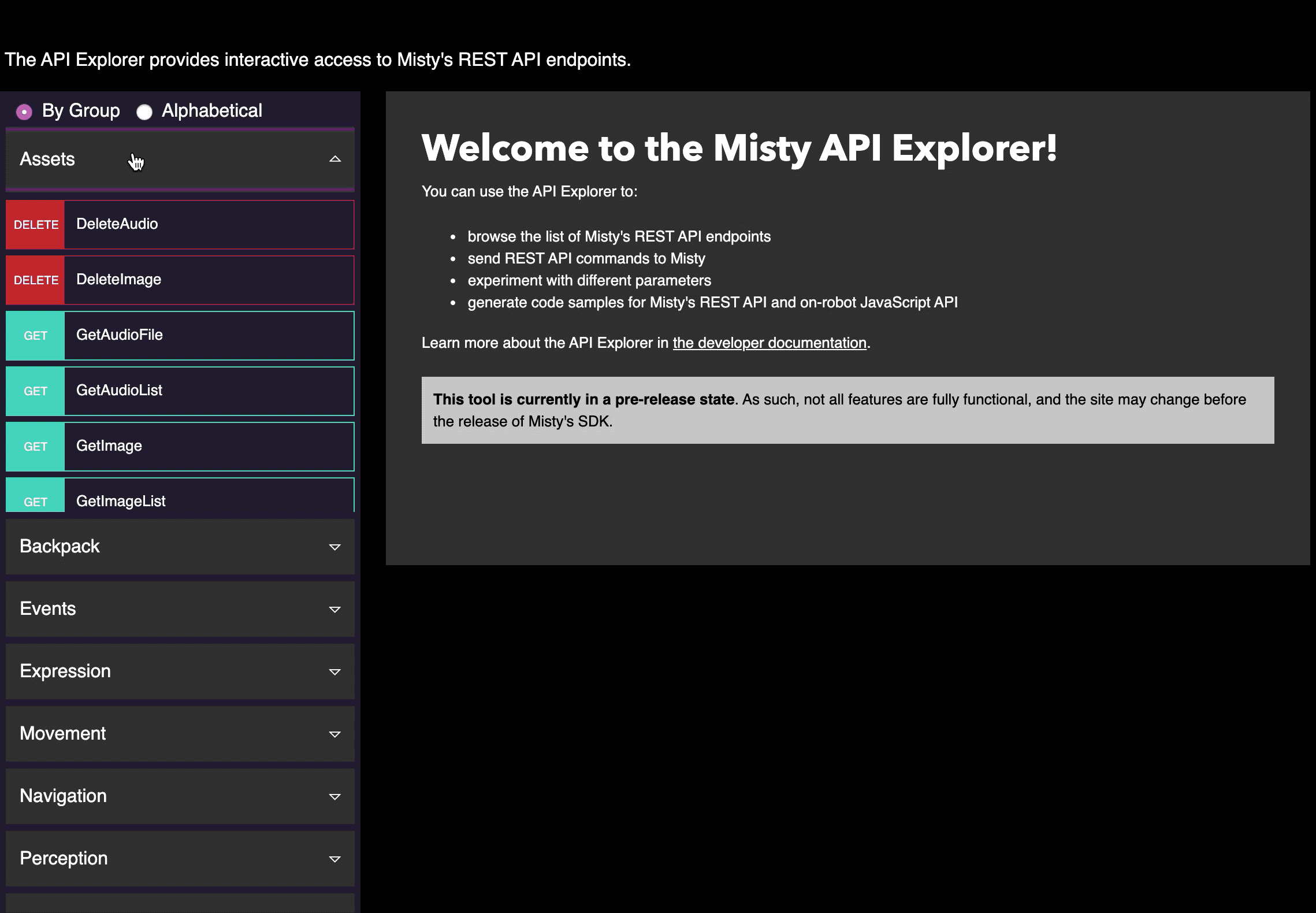 Misty Docs API Explorer