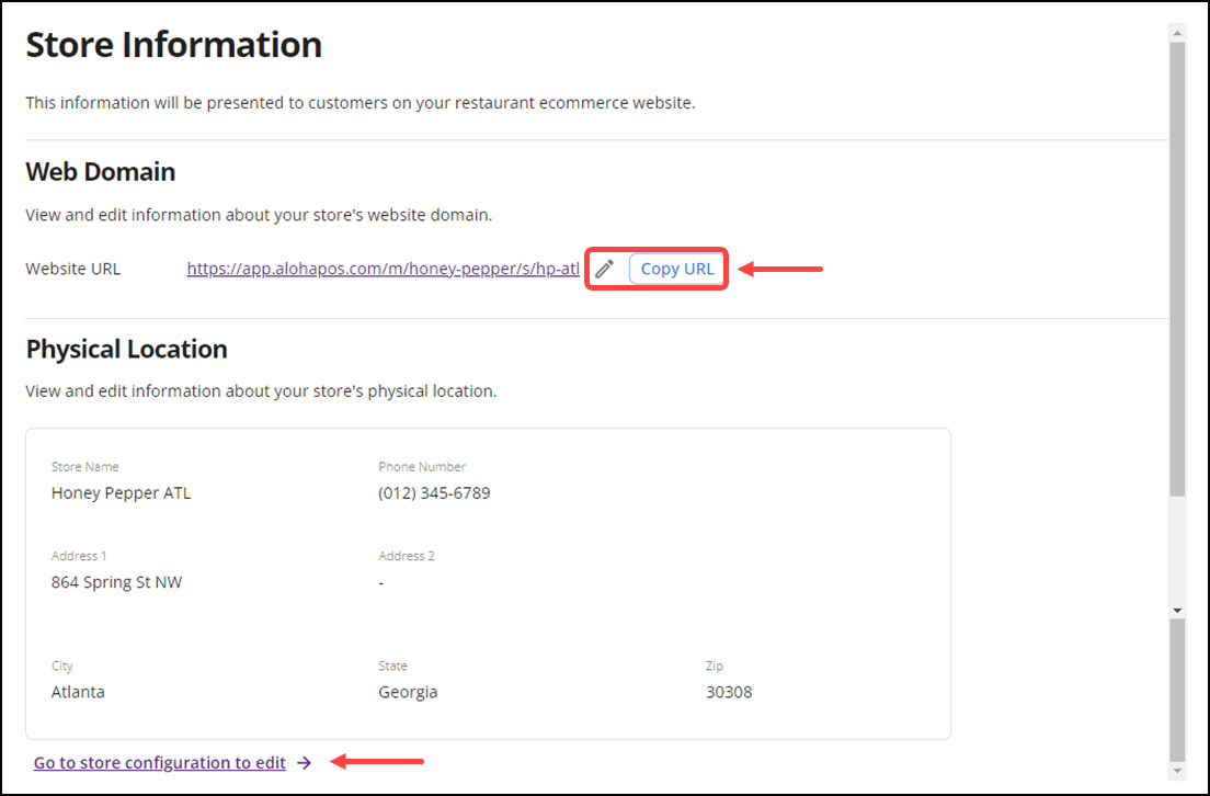 Aloha Order Direct Defining store information NCR Docs