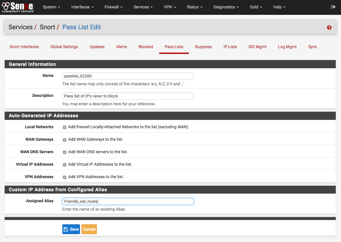 Packages — IDS / IPS — Snort Pass Lists pfSense Documentation