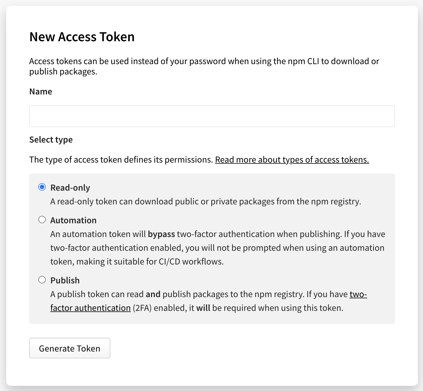Creating and viewing access tokens npm Docs