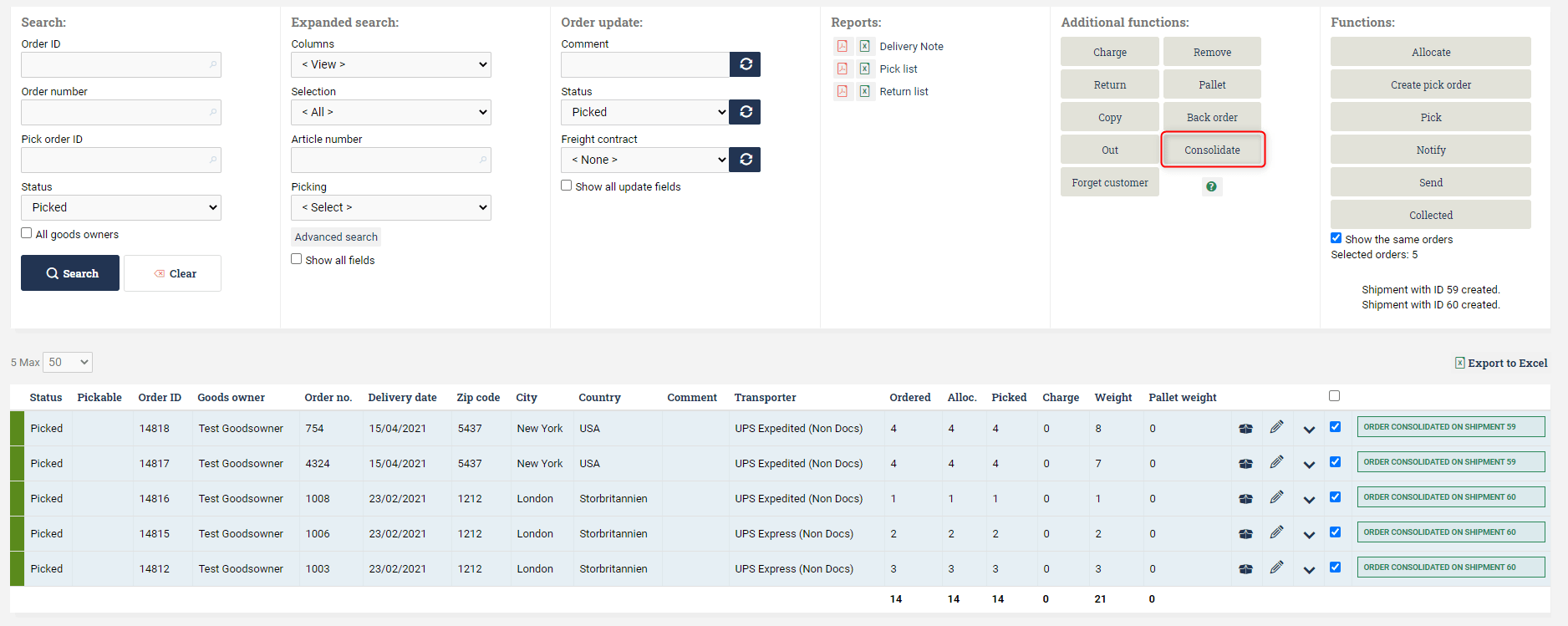 Consolidated orders (Shipments) Ongoing WMS