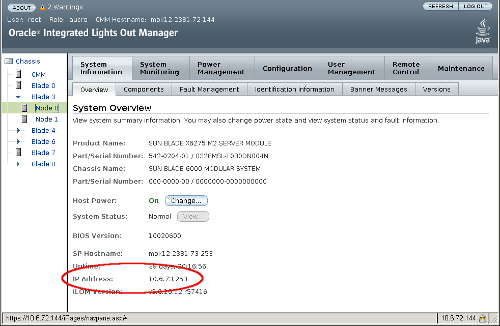 How to Display the ILOM IP Address Using the  Interface Sun Blade